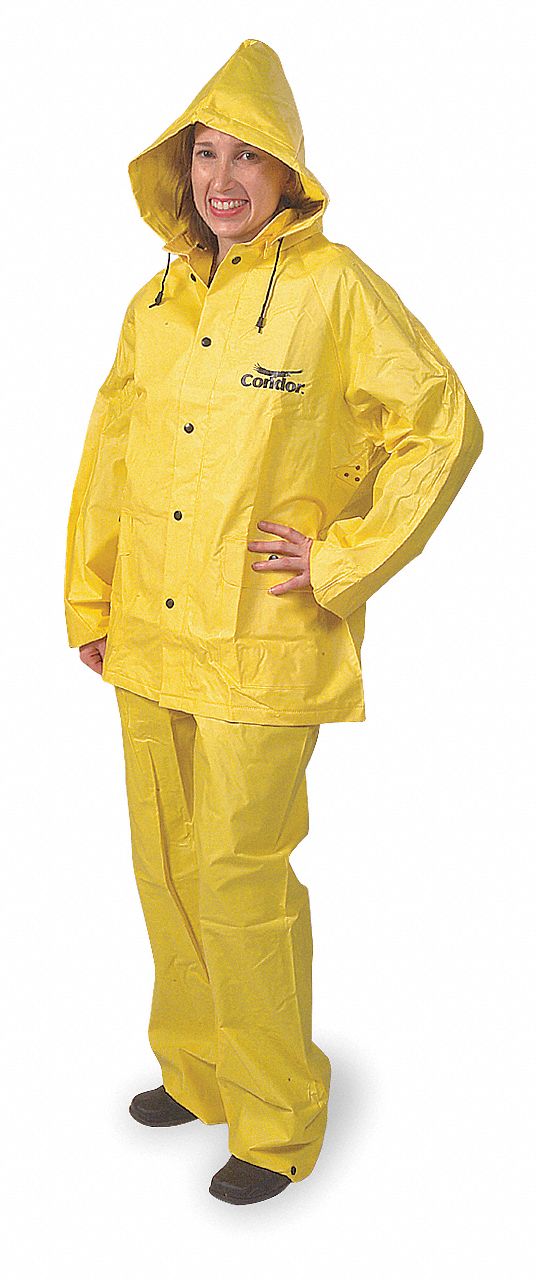 3-PIECE RAINSUIT WITH DETACHABLE HOOD, YELLOW, L, HEAVY-DUTY PVC, 13.8 MIL