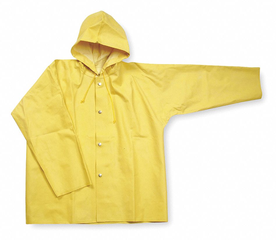 RAIN JACKET WITH HOOD, 2XL, YELLOW, SNAP, ATTACHED SBR, HIP LENGTH