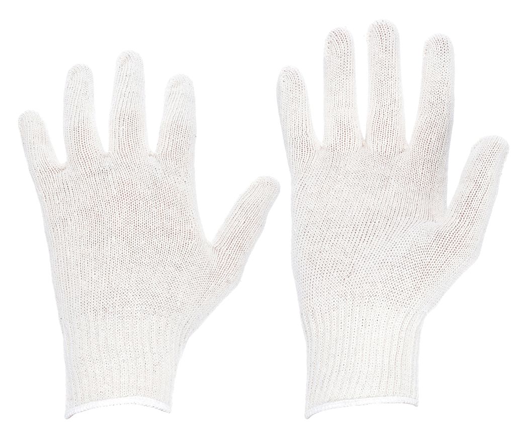 GLOVE LINERS, GEN PURPOSE, FULL FINGER, COTTON/POLYESTER, 9¼ IN L, WHT, KNIT CUFF