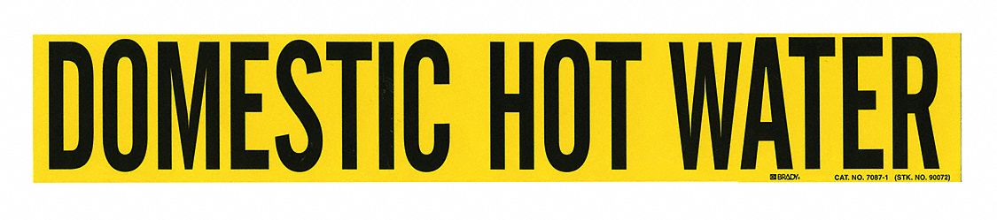 Pipe Marker: Domestic Hot Water, Yellow, Black, Fits 2 1/2 to 7 7/8 in Pipe O.D., 1 Pipe Markers
