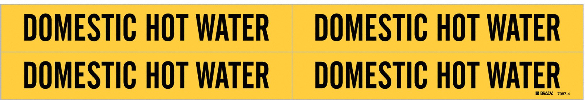 Pipe Marker: Domestic Hot Water, Yellow, Black, Fits 3/4 to 2 3/8 in Pipe O.D., 4 Pipe Markers