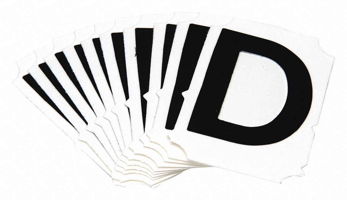Letter Label: 2 in Character Ht, Indoor/Outdoor, Non-Reflective, Gothic, Black, D, Die Cut, 10 PK