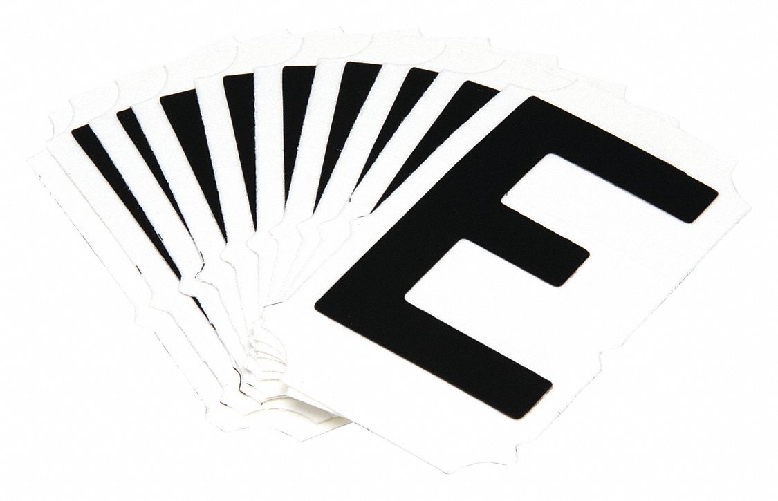 Letter Label: 2 in Character Ht, Indoor/Outdoor, Non-Reflective, Gothic, Black, E, Die Cut, 10 PK