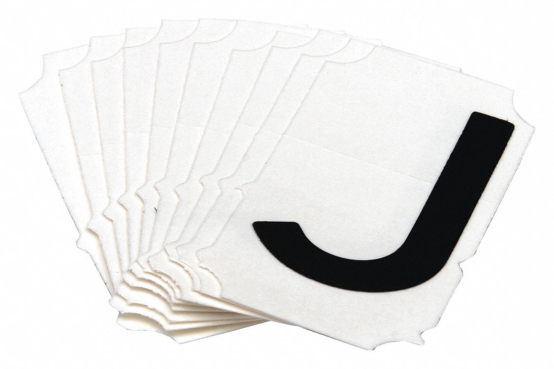 Letter Label: 2 in Character Ht, Indoor/Outdoor, Non-Reflective, Gothic, Black, J, Die Cut, 10 PK