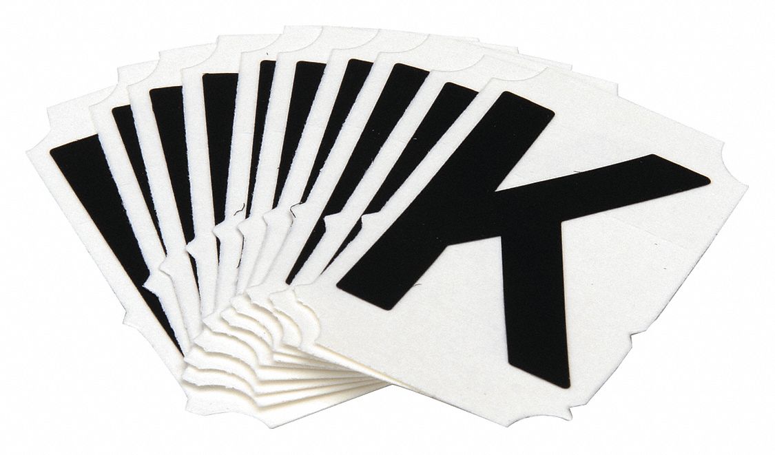 Letter Label: 2 in Character Ht, Indoor/Outdoor, Non-Reflective, Gothic, Black, K, Die Cut, 10 PK