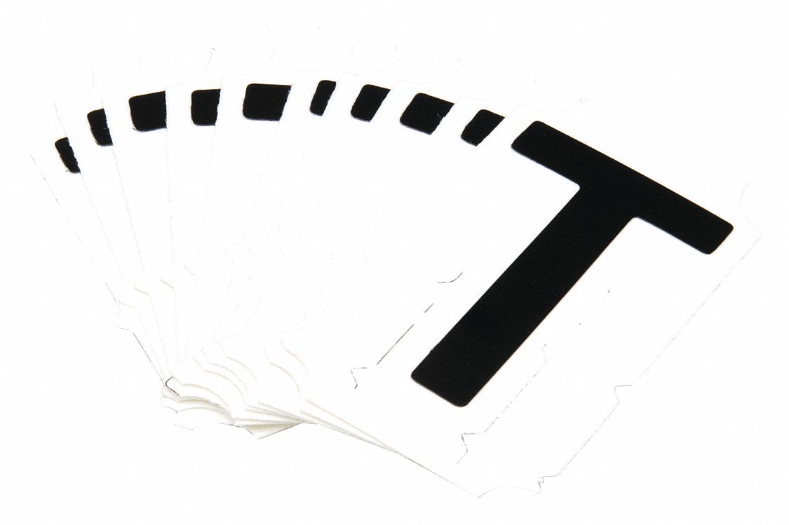 Letter Label: 2 in Character Ht, Indoor/Outdoor, Non-Reflective, Gothic, Black, T, Die Cut, 10 PK