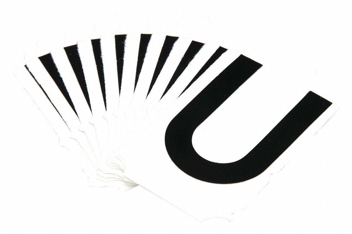 Letter Label: 2 in Character Ht, Indoor/Outdoor, Non-Reflective, Gothic, Black, U, Die Cut, 10 PK