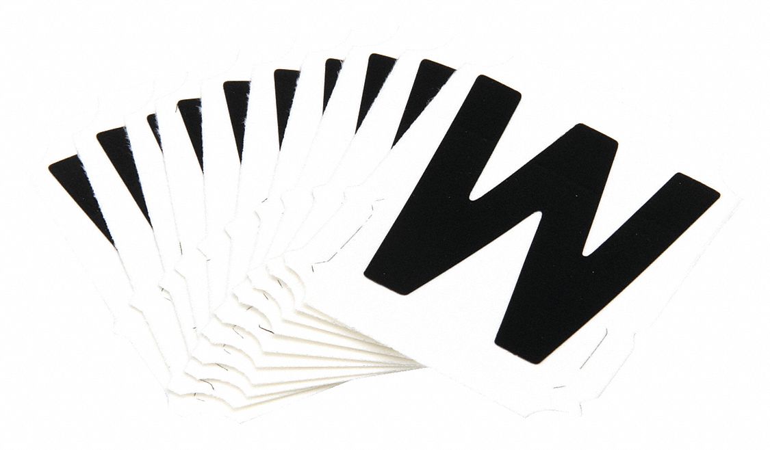 Letter Label: 2 in Character Ht, Indoor/Outdoor, Non-Reflective, Gothic, Black, W, Die Cut, 10 PK