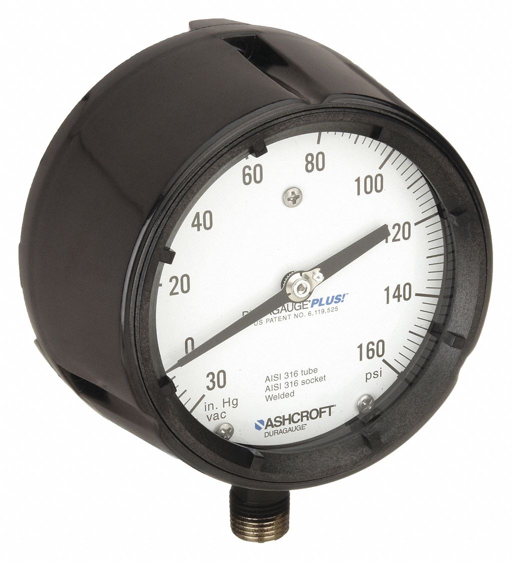 PANEL-MOUNT COMPOUND GAUGE, 0 PSI TO 160 PSI, WHITE, 4 1/2 IN DIAL, 1/2 IN NPT MALE, BOTTOM