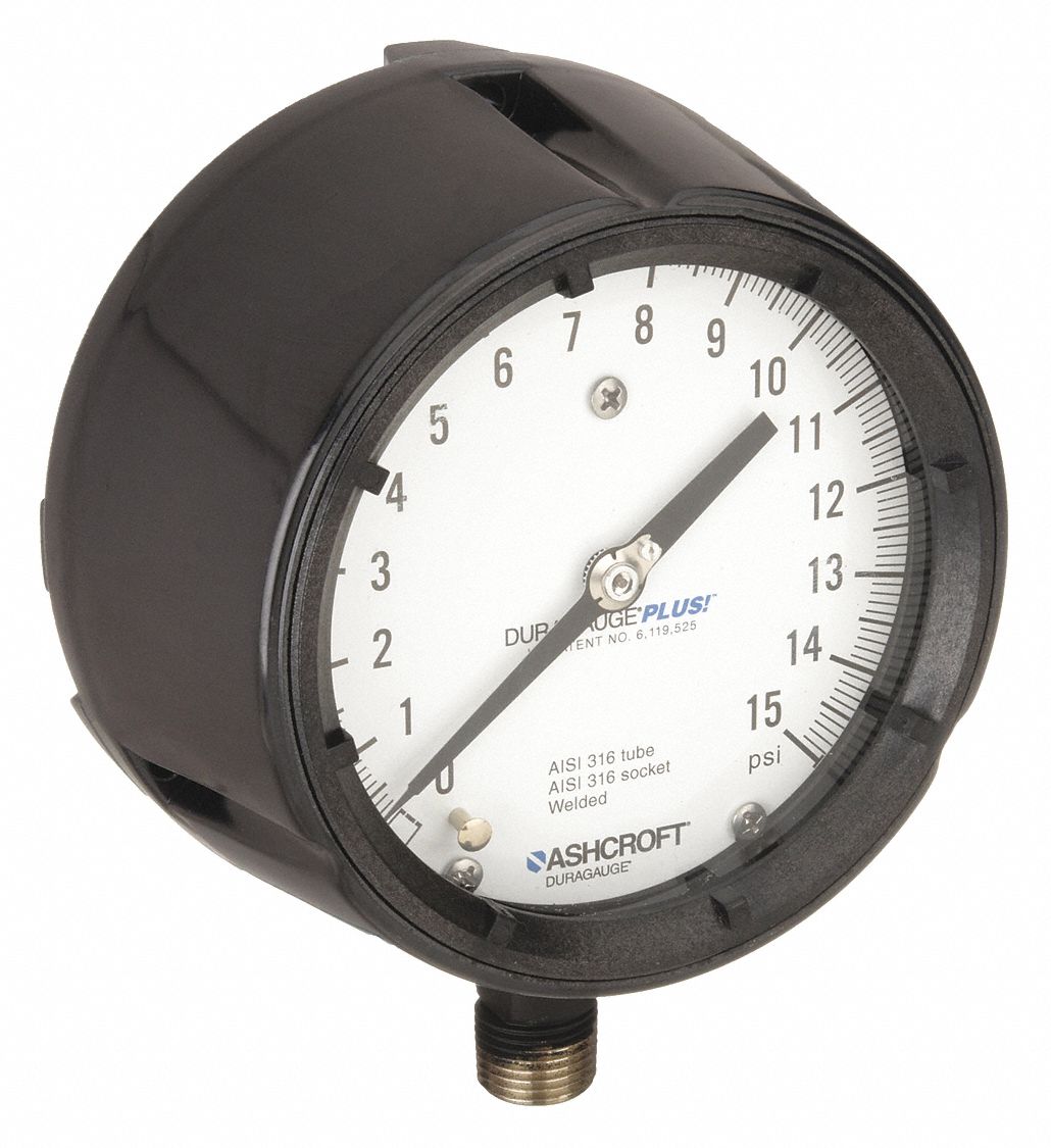 Process Pressure Gauge: 0 psi to 15 psi, White, 4 1/2 in Dial, 1/2 in NPT Male, Bottom