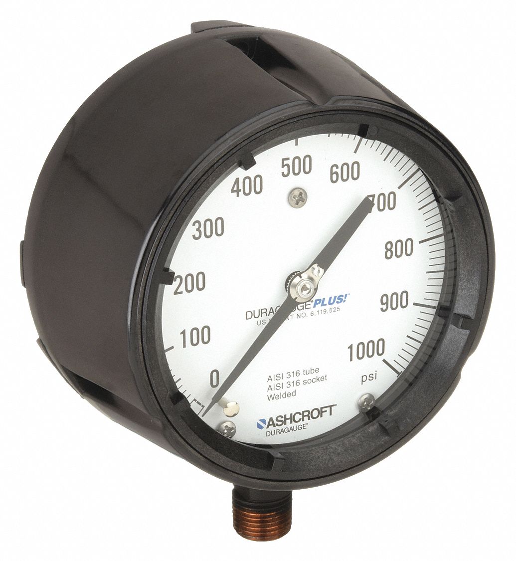 Process Pressure Gauge: 0 psi to 1, 000 psi, White, 4 1/2 in Dial, 1/2 in NPT Male, Bottom