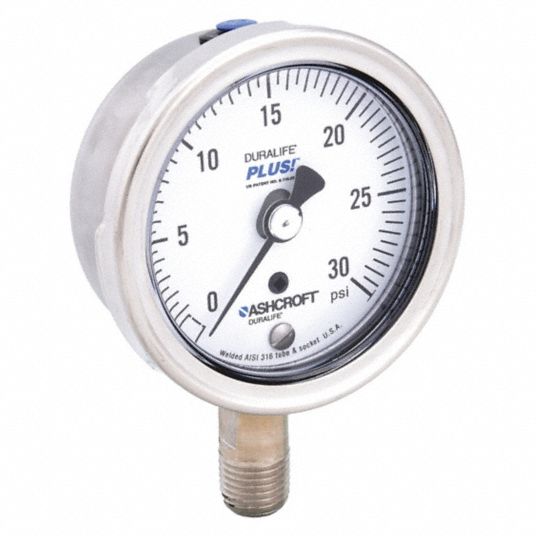 ASHCROFT Industrial Pressure Gauge: 0 to 30 psi, 2 1/2 in Dial, Dry Case  Vibration-Dampened, Bottom