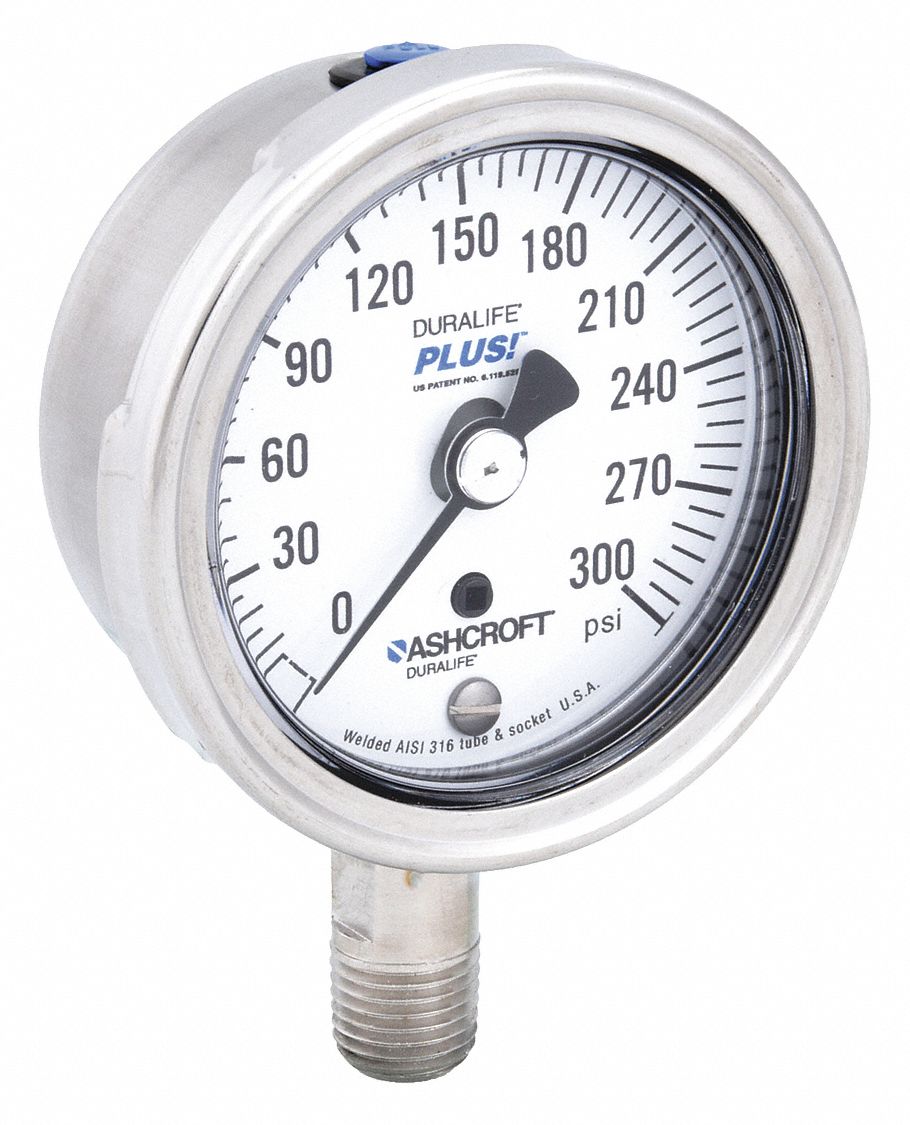 ASHCROFT Industrial Pressure Gauge: 0 to 300 psi, 2 1/2 in Dial, Dry Case  Vibration-Dampened, Bottom