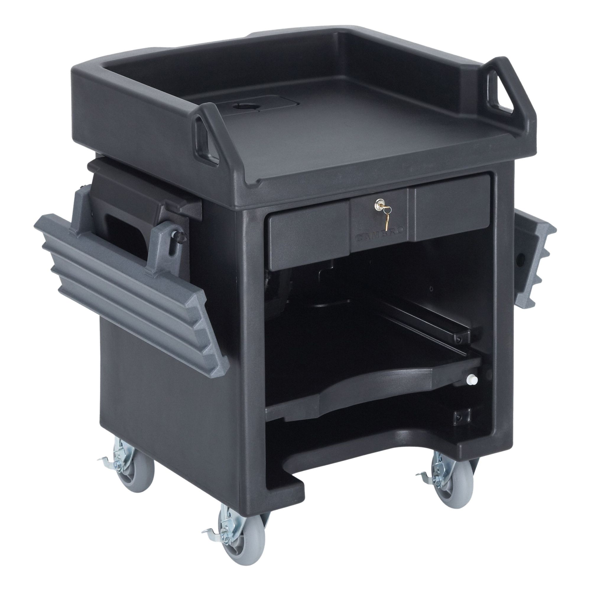 Cashier Station Cart: 2 Compartments, Black, Polyethylene, 52 3/4 in Overall Wd, 43 in Overall Ht
