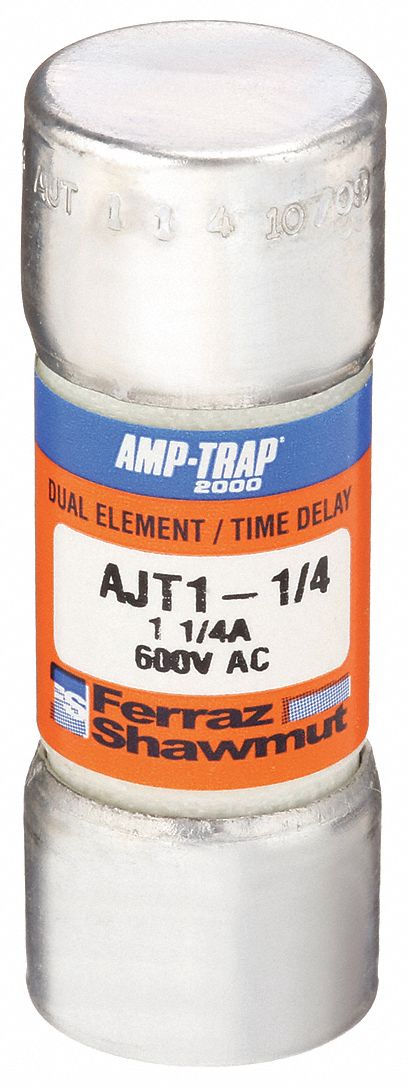 Fuse: AJT Series, Class J, Cylindrical Body, Time-Delay, 1.25 A, 600 V AC, 500 V DC