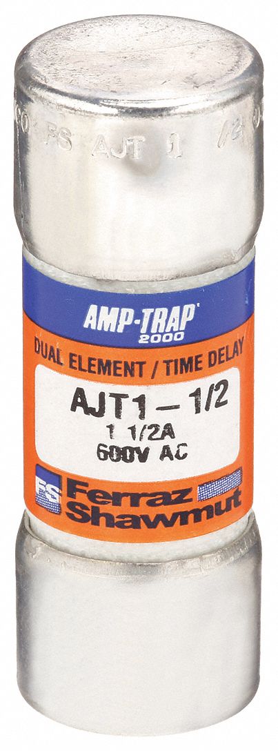 Fuse: AJT Series, Class J, Cylindrical Body, Time-Delay, 1.5 A, 600 V AC, 500 V DC