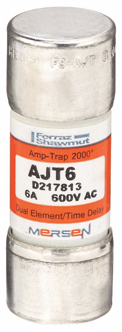 Fuse: AJT Series, Class J, Cylindrical Body, Time-Delay, 6 A, 600 V AC, 500 V DC