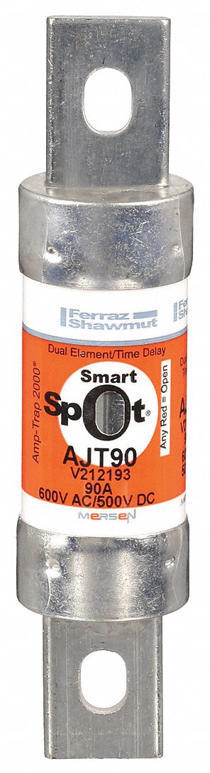 Fuse: AJT Series, Class J, Bolt-On Body, Time-Delay, 90 A, 600 V AC, 500 V DC, Indicating