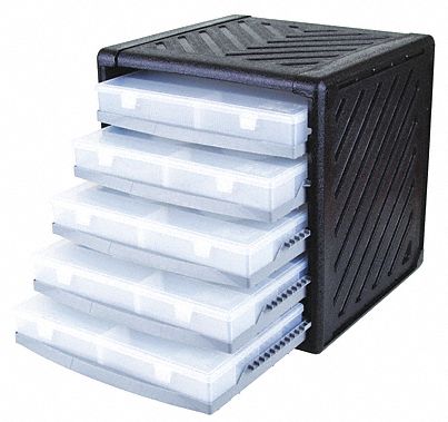 SMALL PARTS CABINET, 14¾ IN X 15¼ IN X 16 IN, BLACK/CLEAR, 5 COMPARTMENTS, MECHANICAL