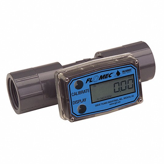 FLOMEC TM100-N PVC Turbine Flowmeter for Use with Water & Mild Chemicals +/-3 Percent Accuracy LCD Display Durable Schedule 80 PVC 5-50 GPM 1-Inch FNPT Fitting