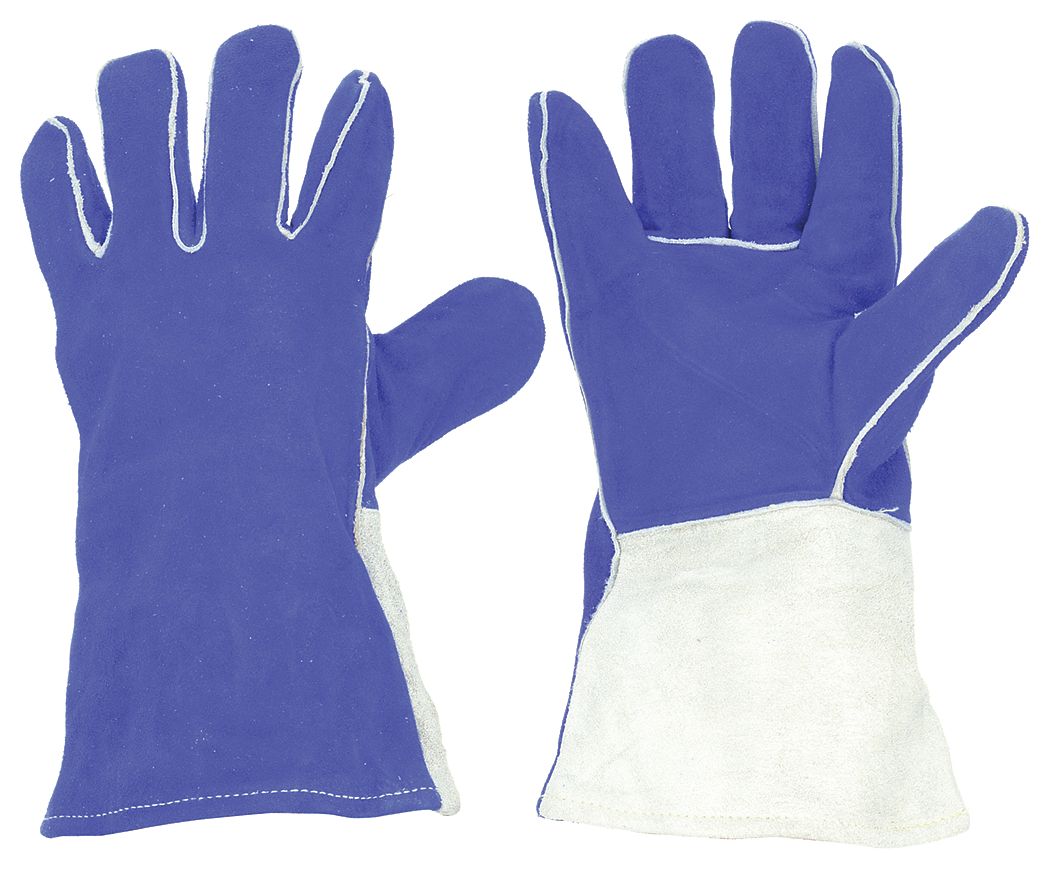 WELDING GLOVES, WING THUMB, GAUNTLET CUFF, BLUE COWHIDE, L, 14 IN