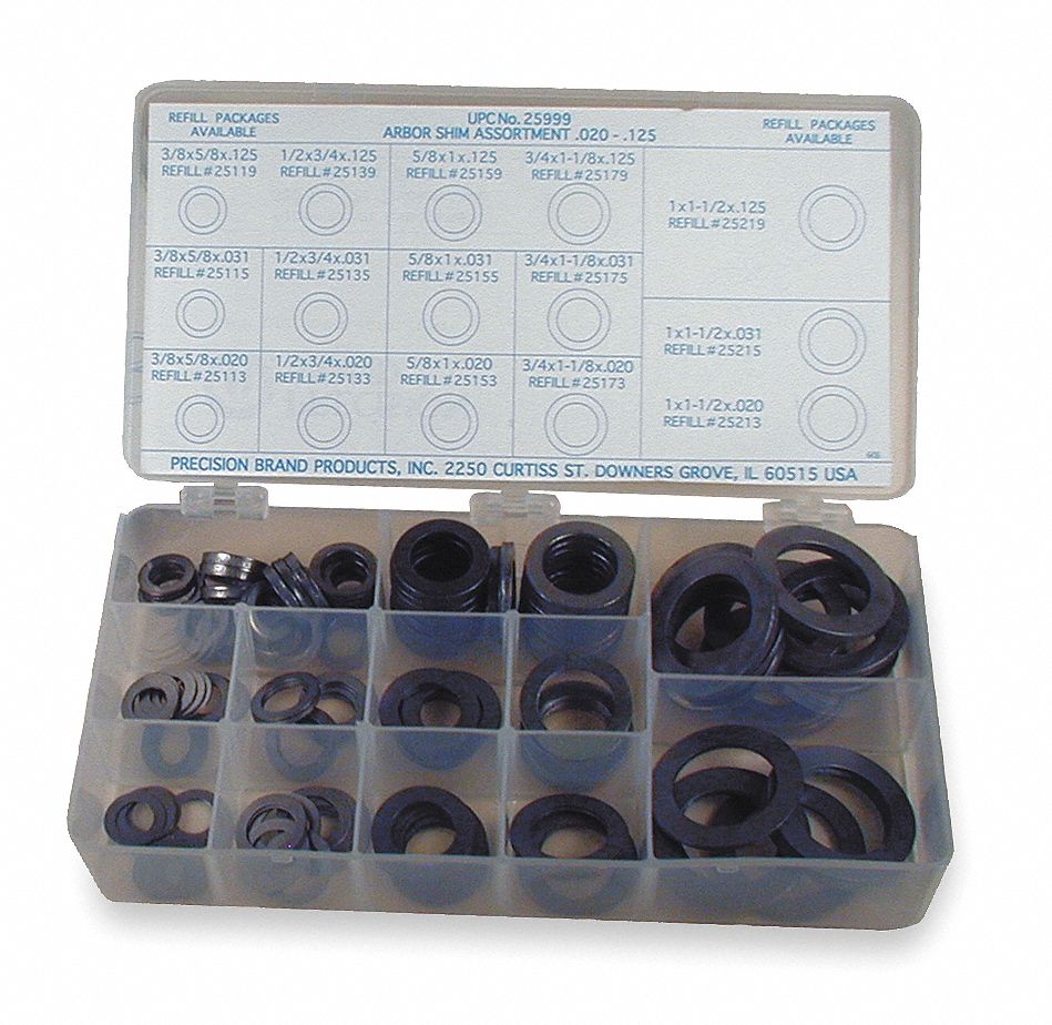 Precision Brand Arbor Shim Assortment Steel 0020 To 0125 Thick Range In 150 Pieces 