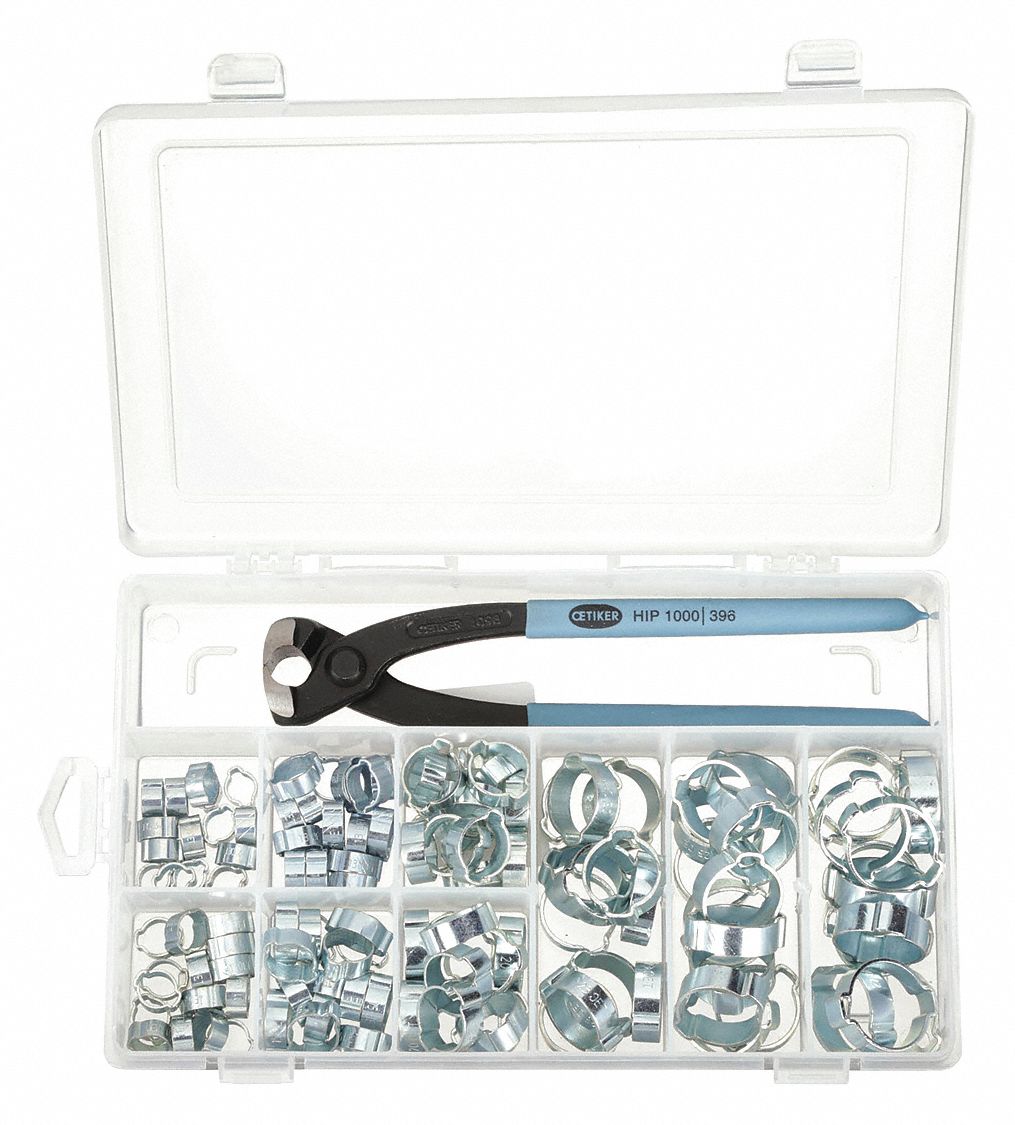 HOSE CLAMP ASSORTMENT, DOUBLE EAR, PLASTIC CASE, ZINC-PLATED STEEL