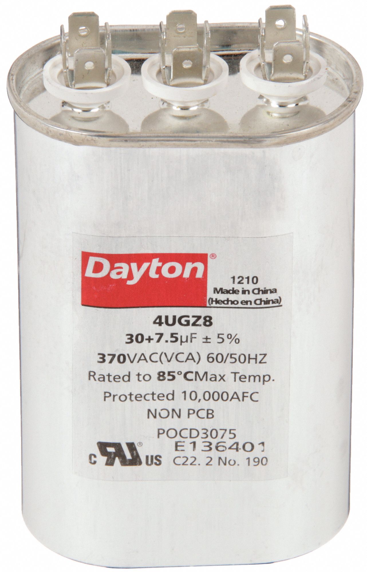 Motor Dual Run Capacitor: Oval, 370V AC, 30/7.5 MFD, 4 5/8 in Overall Ht, -40°C Op Temp - Min