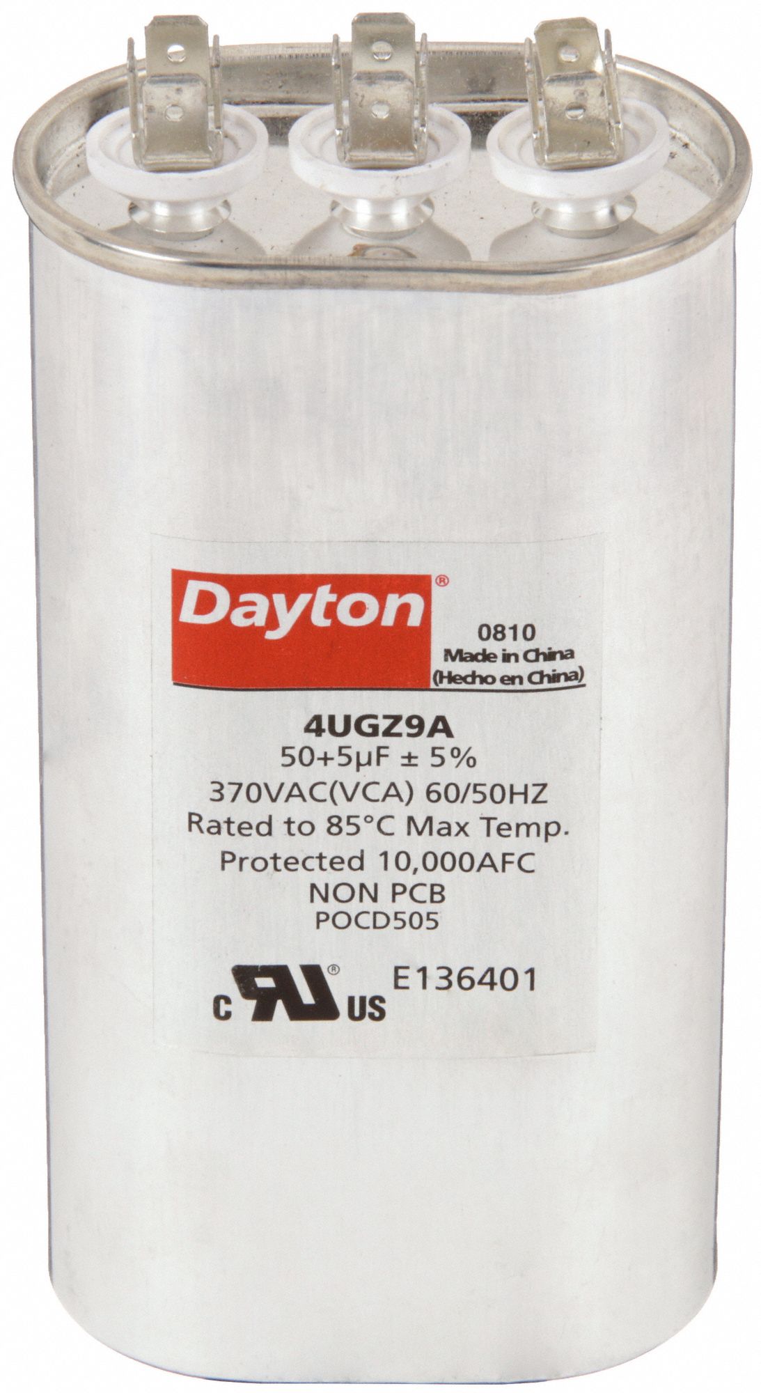 Motor Dual Run Capacitor: Oval, 370V AC, 50/5 MFD, 5 5/8 in Overall Ht, -40°C Op Temp - Min