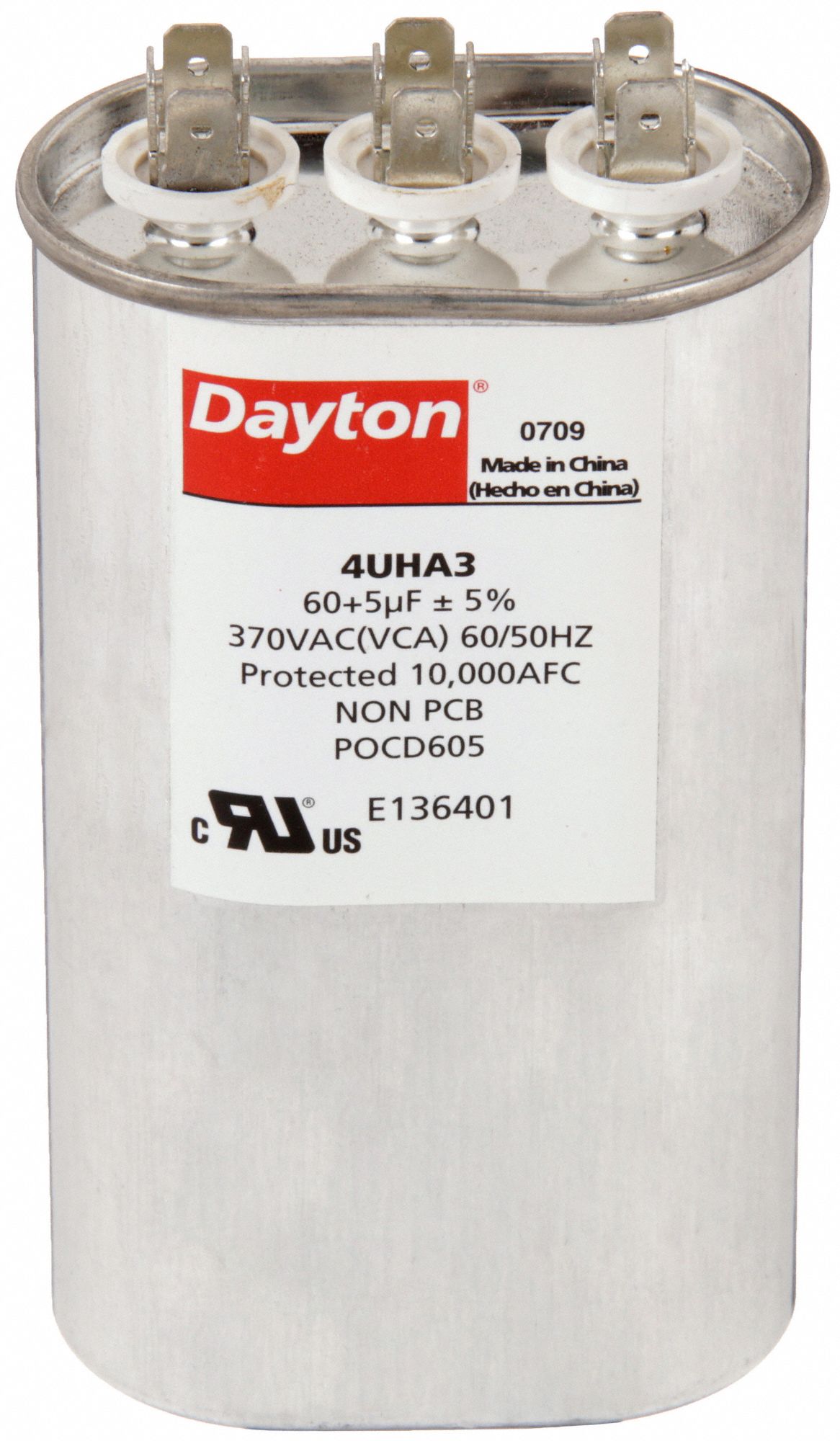 Motor Dual Run Capacitor: Oval, 370V AC, 60/5 MFD, 6 3/8 in Overall Ht, -40°C Op Temp - Min