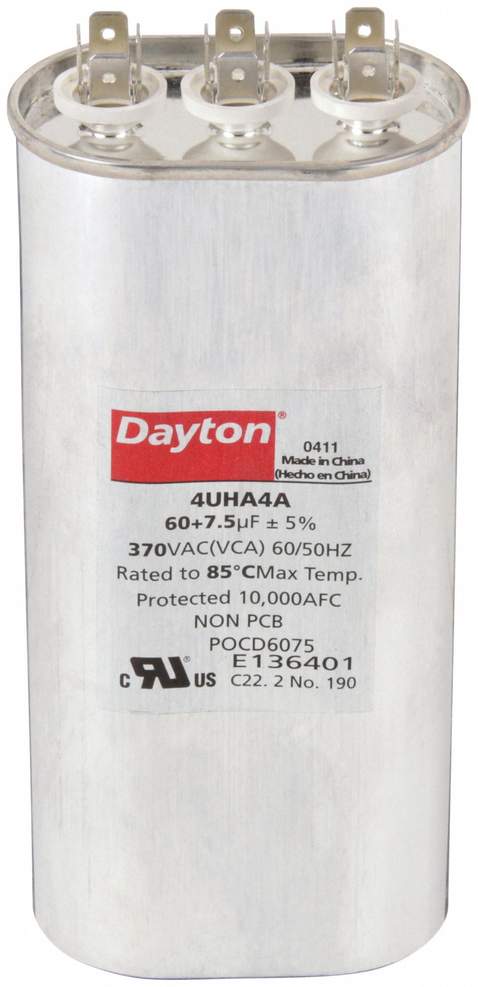 Motor Dual Run Capacitor: Oval, 370V AC, 60/7.5 MFD, 6 3/8 in Overall Ht, -40°C Op Temp - Min