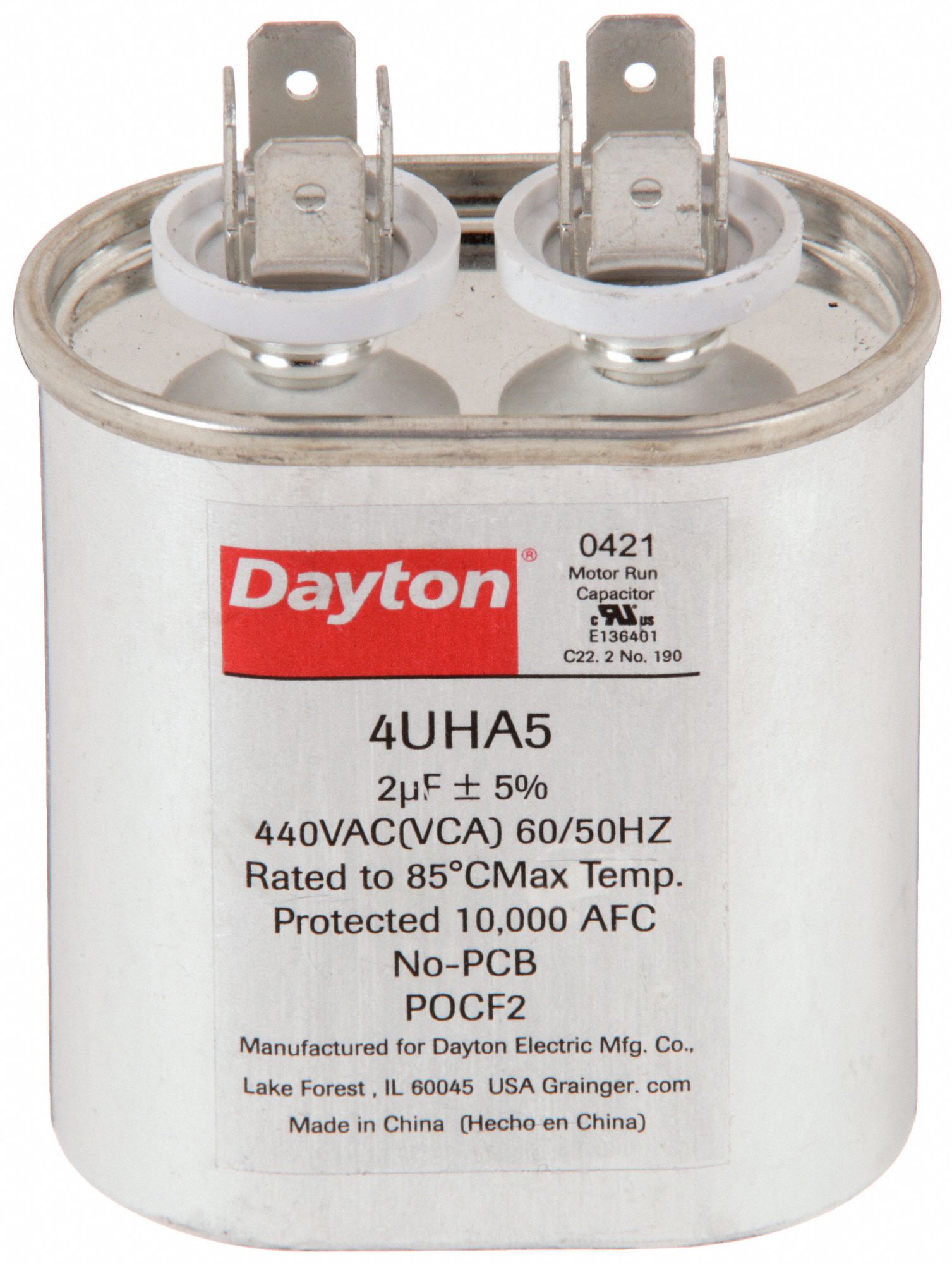 Motor Run Capacitor: Oval, 440V AC, 2 MFD, 2 3/4 in Overall Ht, -40°C Op Temp - Min, Aluminum