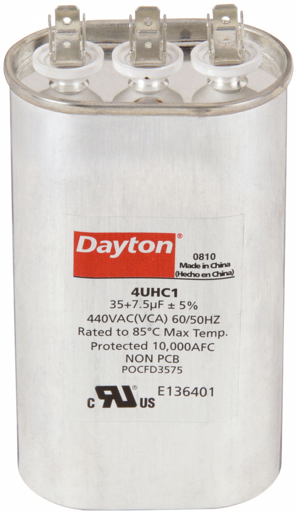 Motor Dual Run Capacitor: Oval, 440V AC, 35/7.5 MFD, 5 1/4 in Overall Ht, -40°C Op Temp - Min