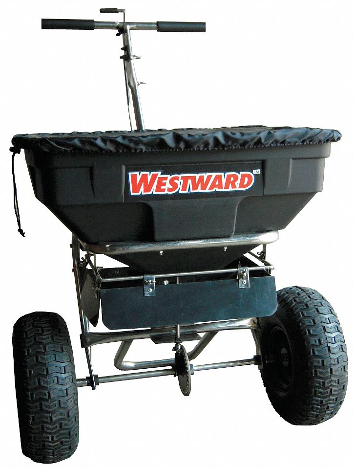 Broadcast Spreader: 125 lb Capacity, Pneumatic, Fixed T, 1 Hole, Rod, 10 to 12 ft