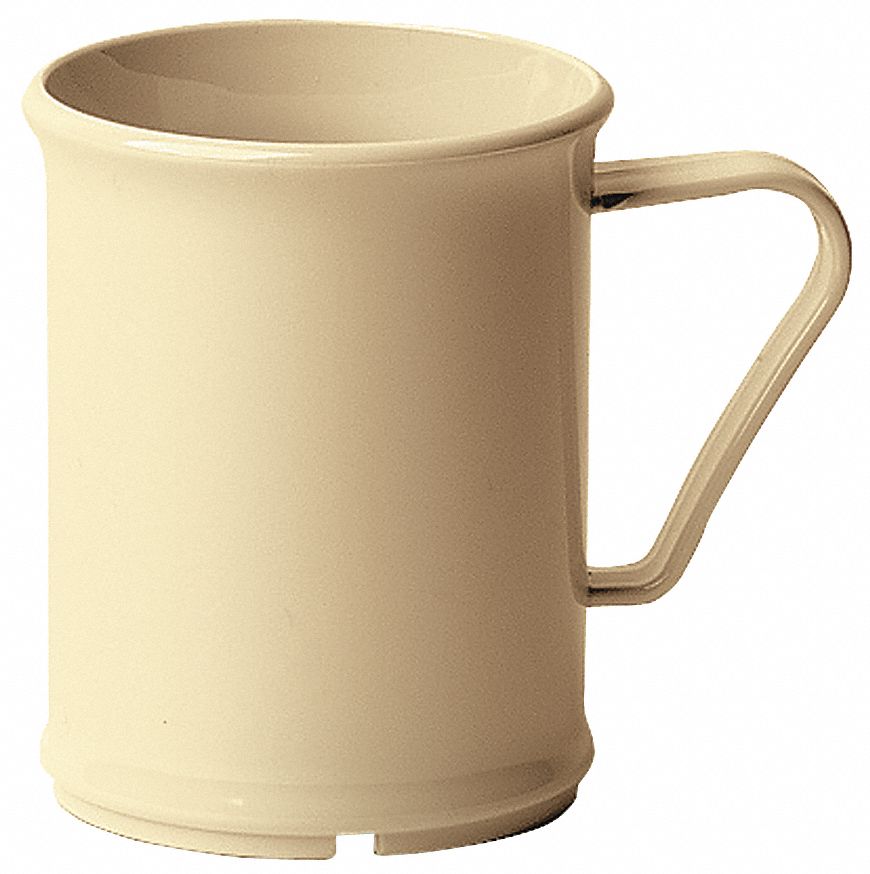 Mug: 9 1/2 fl oz Capacity, Plastic, Beige, 3 3/4 in Overall Ht, 4 1/4 in Dia, Beige