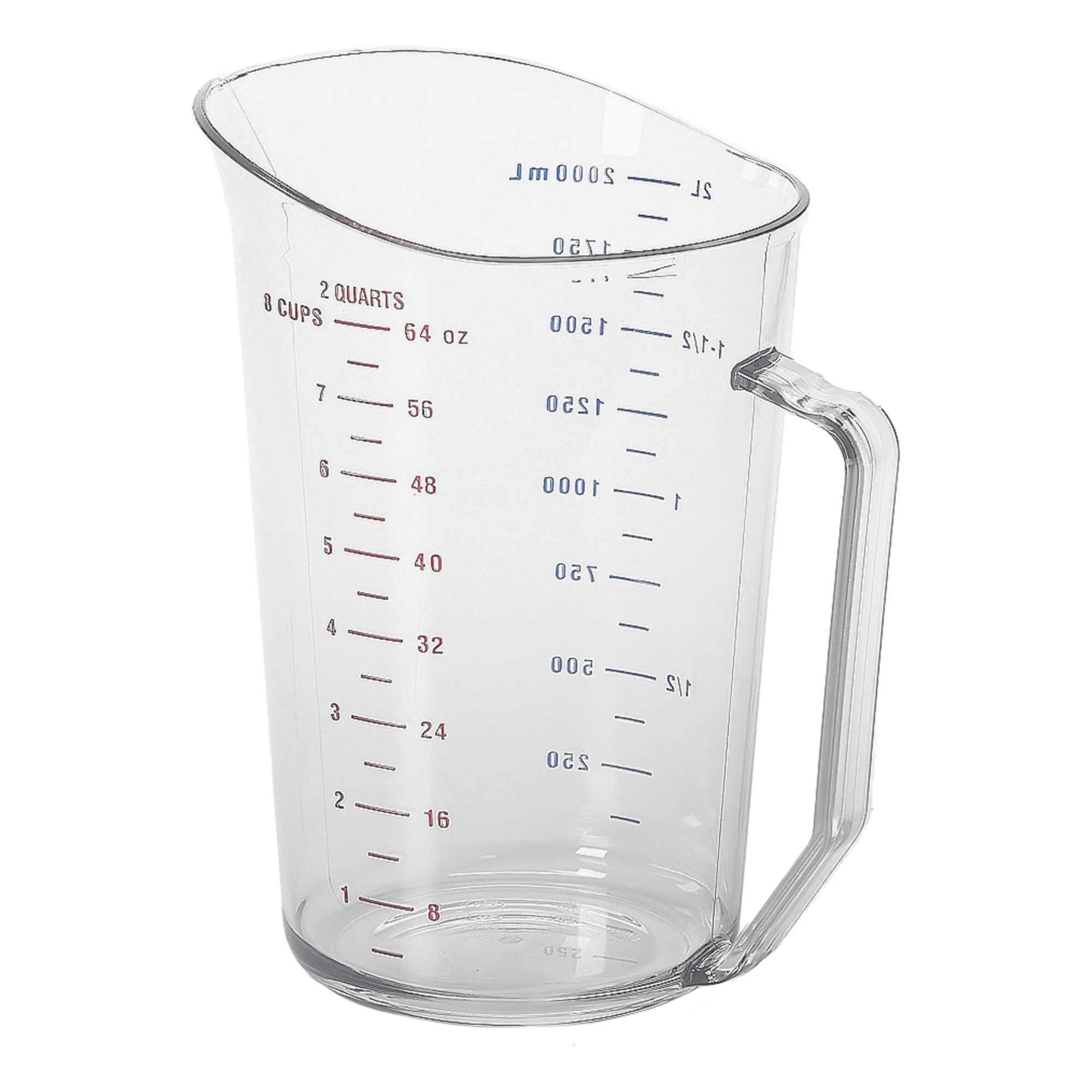 Measuring Cup: Dry/Liquid, 2 qt Capacity, Polycarbonate, Clear, 7 1/2 in Overall Lg, Clear