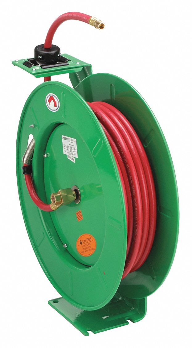 SPRING RETURN HOSE REEL: 50 FT (⅜ IN I.D.), ⅜ IN MNPT, 300 PSI MAX, BRASS, GREEN