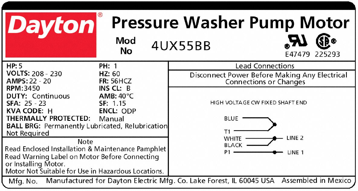 DAYTON Pressure Washer Motor Open Dripproof, Face/Base Mounting, 5 HP, 3,450 Nameplate RPM