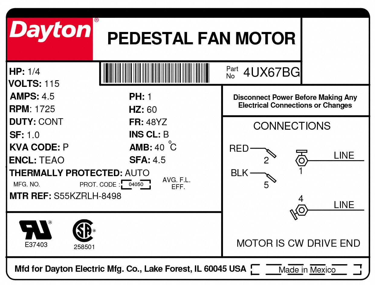 DAYTON Pedestal Fan Motor 1/4 HP, 1,725 Nameplate RPM, 115V AC, 48YZ