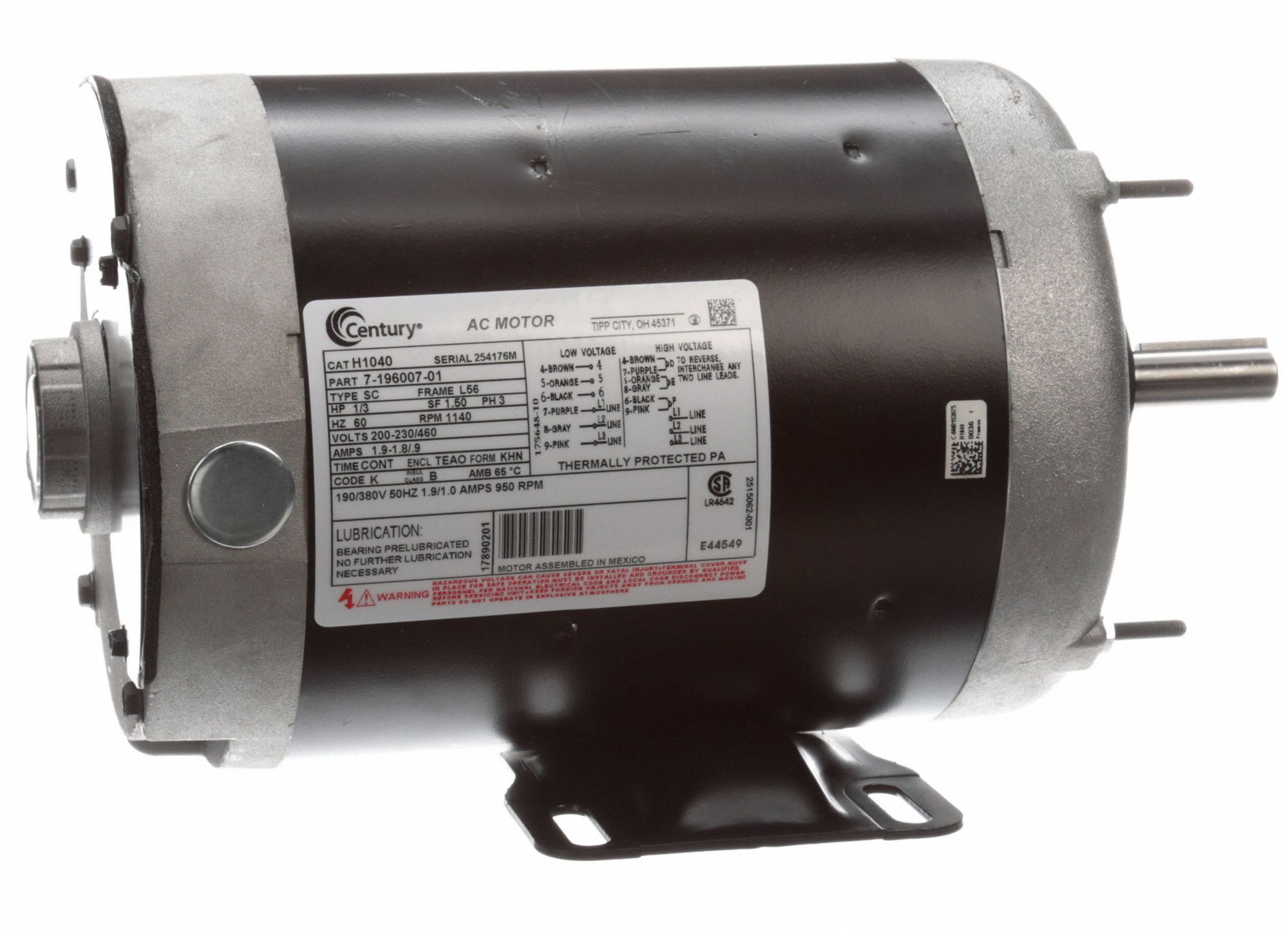 CENTURY 1/3 hp HP Transformer Cooling Fan Motor, 3Phase, 1140 Nameplate RPM, 200230/460