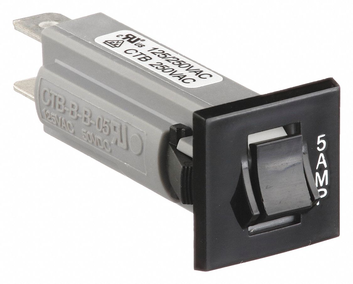 Panel Mount Circuit Breaker: 5 A Amps, 125/250V AC, 50V DC, Snap-In Bezel, 2.23 in Dp, 1/4 in Tab