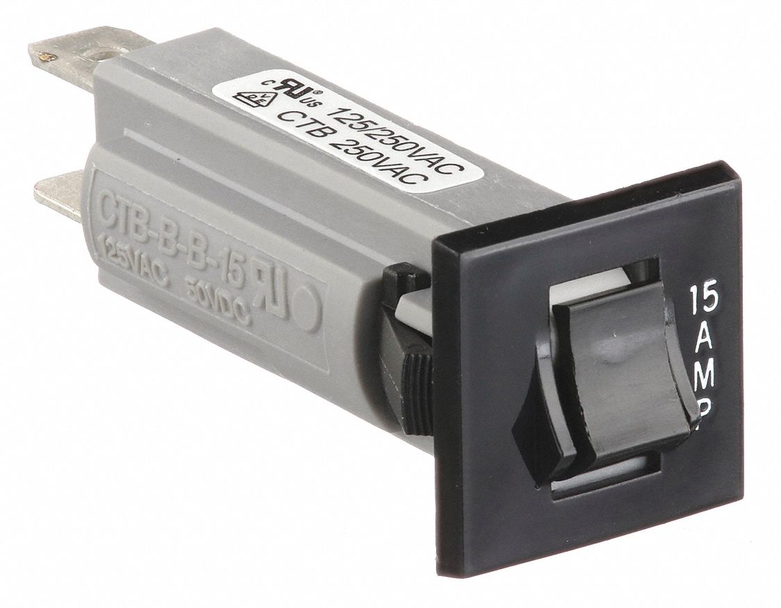 Panel Mount Circuit Breaker: 15 A Amps, 125/250V AC, 50V DC, Snap-In Bezel, 1.9 in Dp, 1/4 in Tab