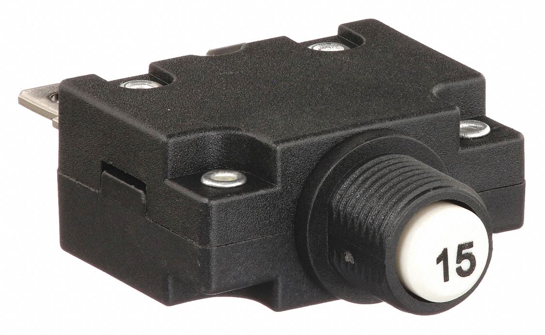 Panel Mount Circuit Breaker: 15 A Amps, 125/250V AC, 32V DC, 11mm Collar, 1.78 in Dp, 1/4 in Tab