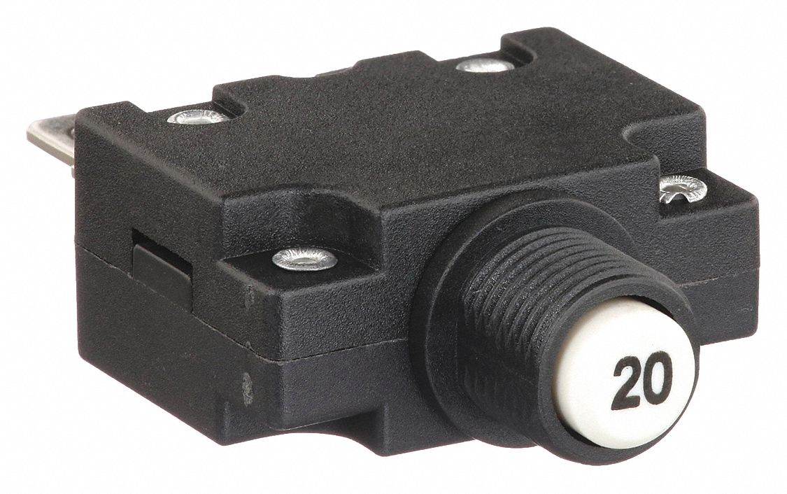 PANEL MOUNT CIRCUIT BREAKER, 20 AMPS, 125/250V AC, 32V DC, 11MM COLLAR, 1.78 IN D, ¼ IN TAB