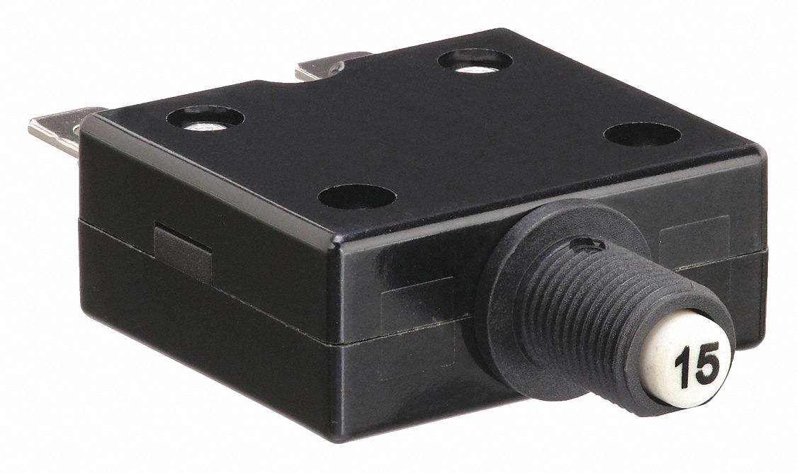 PANEL MOUNT CIRCUIT BREAKER, 15 AMPS, 125/250V AC, 32V DC, ⅜ IN COLLAR, 2.31 IN D, ¼ IN TAB