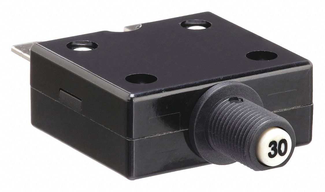 Panel Mount Circuit Breaker: 30 A Amps, 125/250V AC, 32V DC, 3/8 in Collar, 2.31 in Dp, 1/4 in Tab