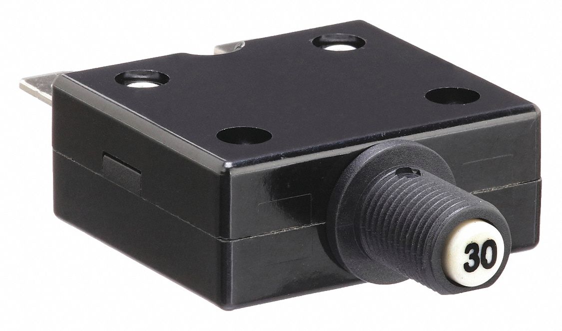 PANEL MOUNT CIRCUIT BREAKER, 30 AMPS, 125/250V AC, 32V DC, ⅜ IN COLLAR, 2.31 IN D, ¼ IN TAB