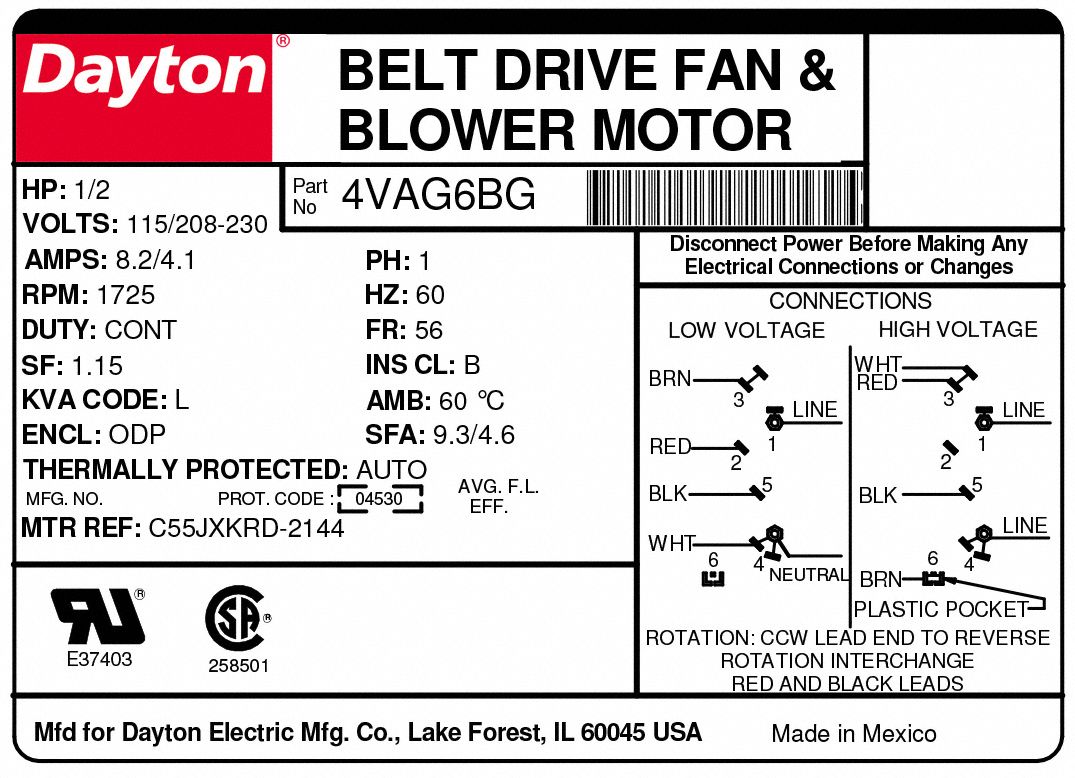 1/2 hp 1725 RPM 115/208-230V Belt Drive Hi-Temp Cap-Start Motor Dayton # 4VAG6 