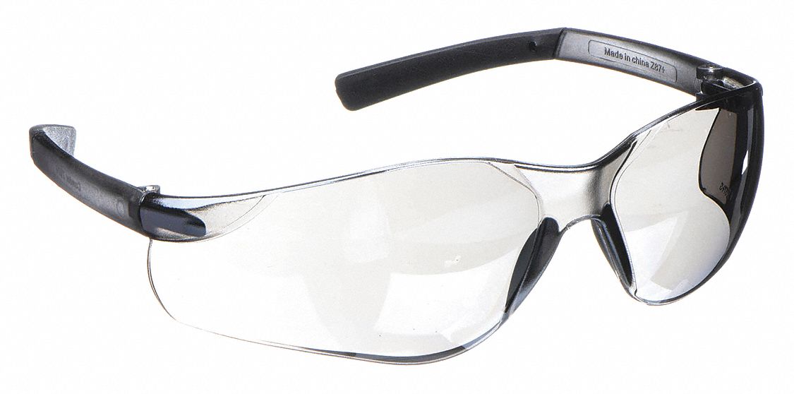 Safety Glasses: Blue/Gray Lens, Frameless, Mirrored, Gray/Silver Frame, V300 Series
