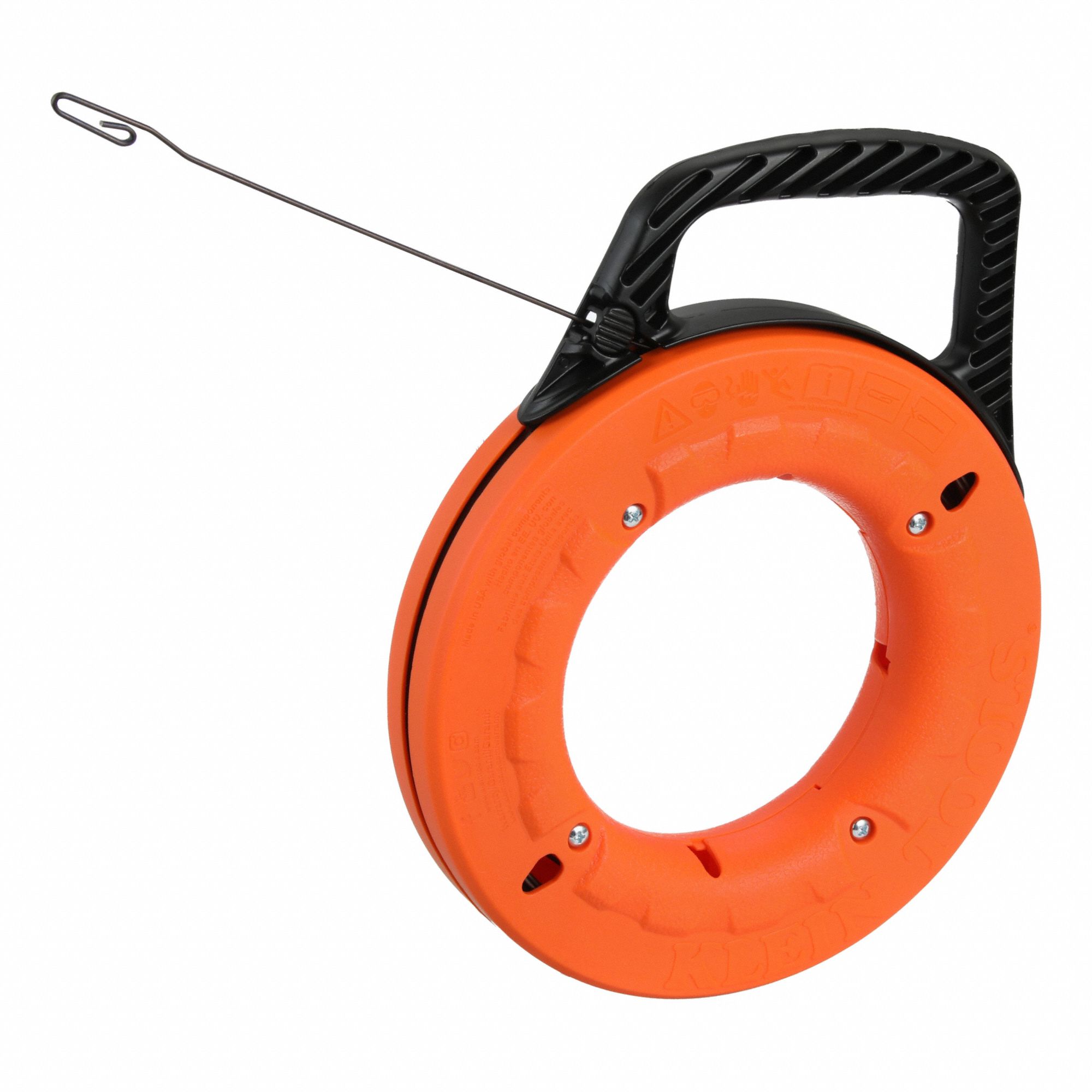 Marked Fish Tape: 65 ft Lg, Manual Wind Tape Retraction, Flat Tape Shape, 9 in Case Dia